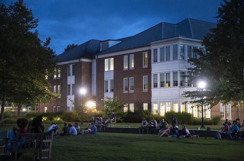 Students hanging out outside Washington College residential halls